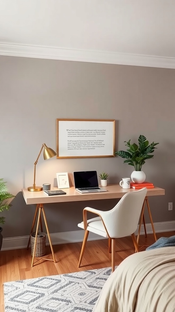 A stylish bedroom desk with a modern chair, lamp, laptop, and decorative items, surrounded by plants.