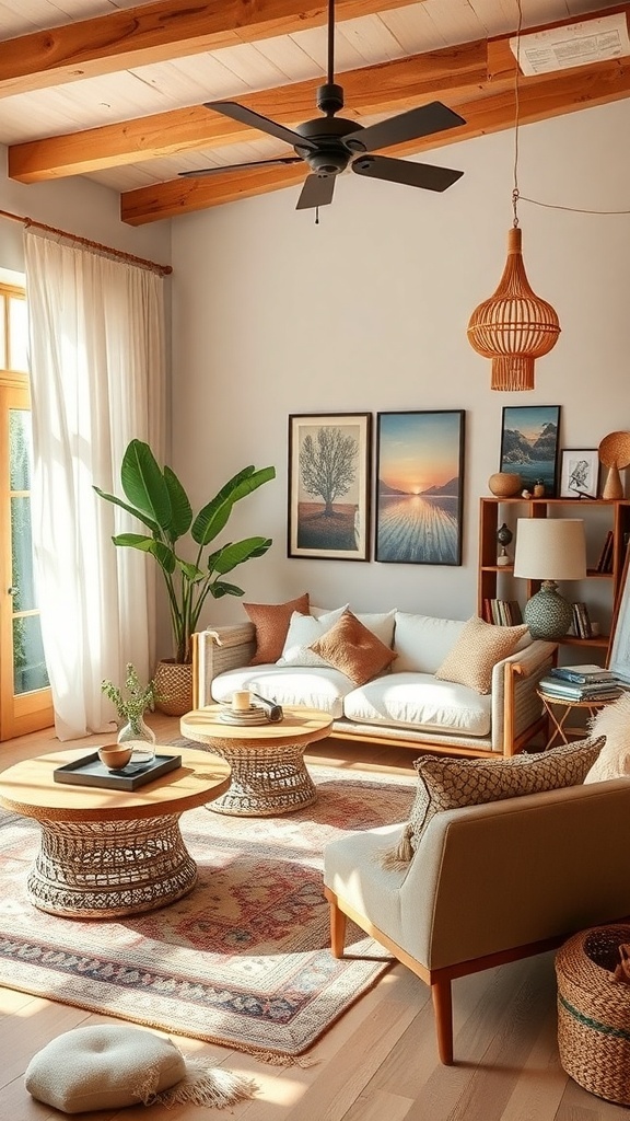 A cozy living room featuring a comfortable sofa, unique coffee tables, a large plant, and warm wooden beams.