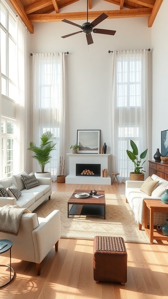 Cozy boho living room with large windows, wooden ceiling, and stylish furniture.