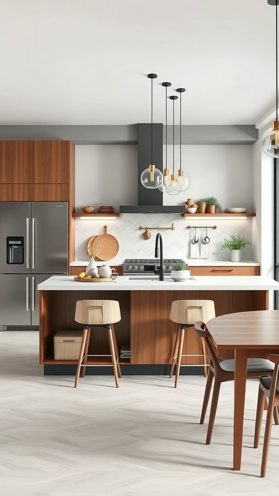 Modern kitchen island with wooden accents and stylish bar stools.