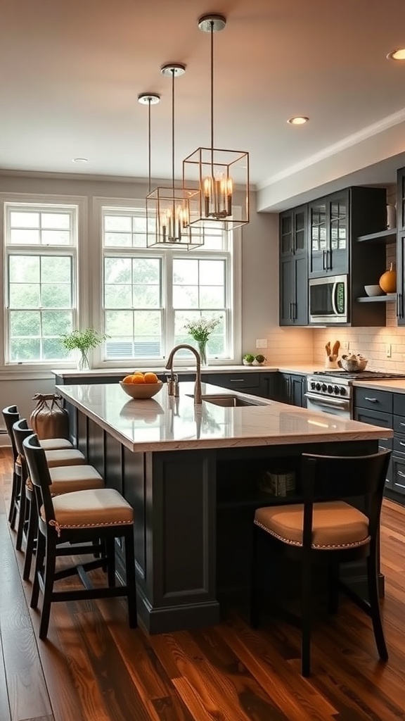 Stylish kitchen island with seating, pendant lights, and modern decor.