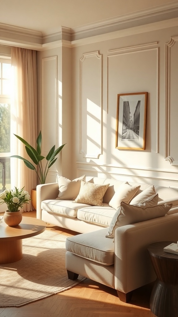 A stylish Art Deco living room featuring a neutral color palette, a comfortable sofa, and a round coffee table, with natural light streaming in through large windows.