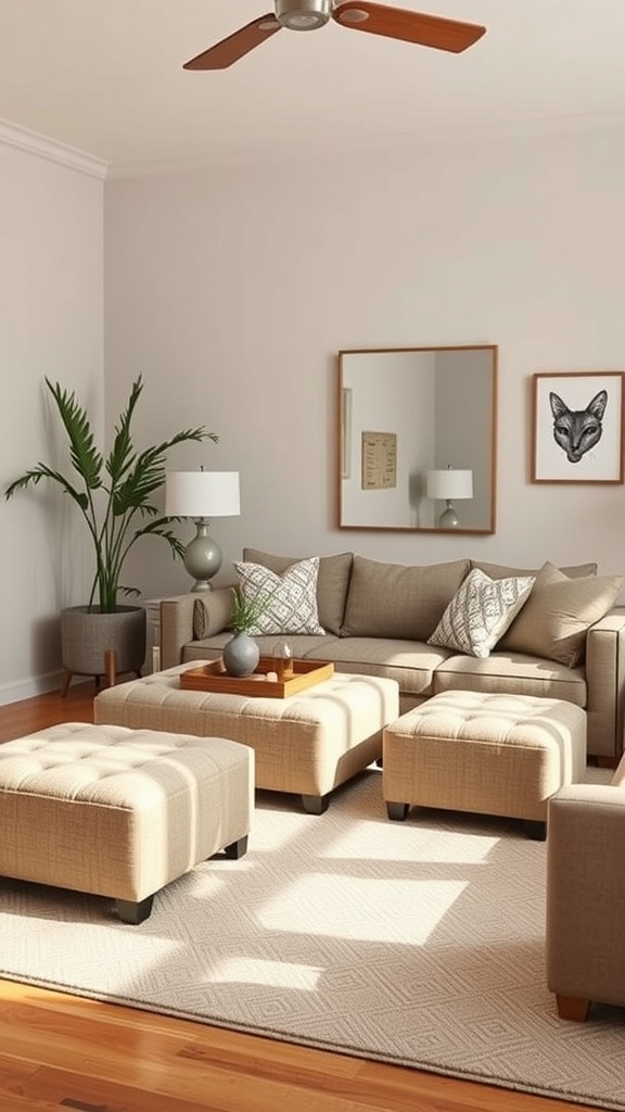 Cozy living room featuring stylish ottomans and a comfortable sofa.