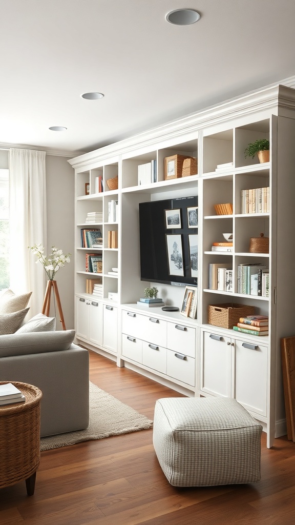 Stylish living room with built-in white shelves, a TV, and decorative storage solutions.