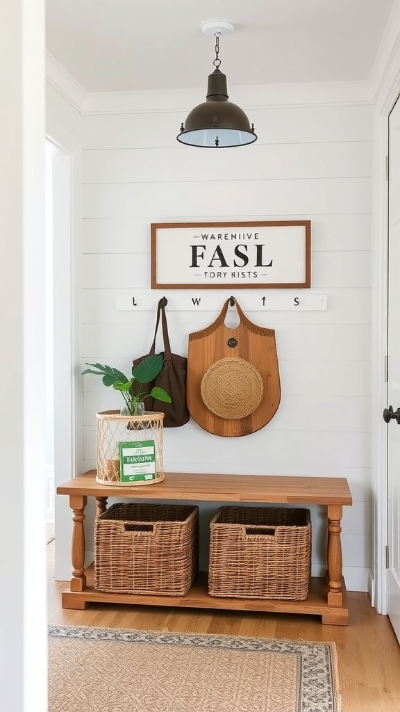 A stylish entryway featuring a wooden bench with woven baskets underneath, wall-mounted hooks, a decorative sign, and a plant.