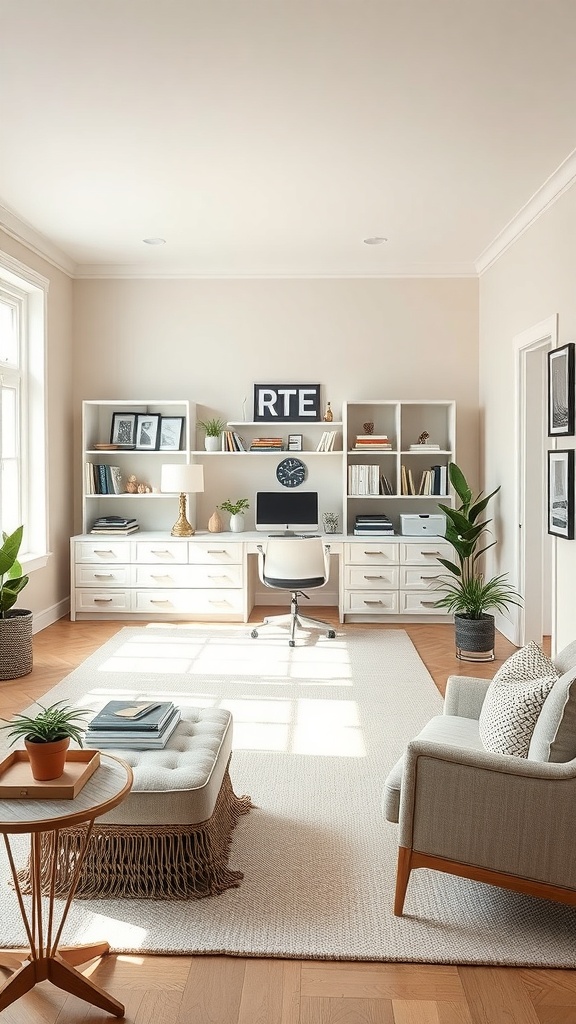 A stylish and functional home office with a desk, shelves, plants, and cozy seating.