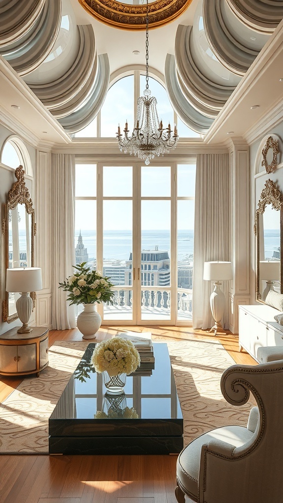Ein elegantes Wohnzimmer mit großen Fenstern, einem Kronleuchter und einem Glastisch.