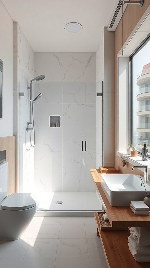 Modernes Badezimmer mit Walk-In-Dusche, Holzregalen und viel Licht