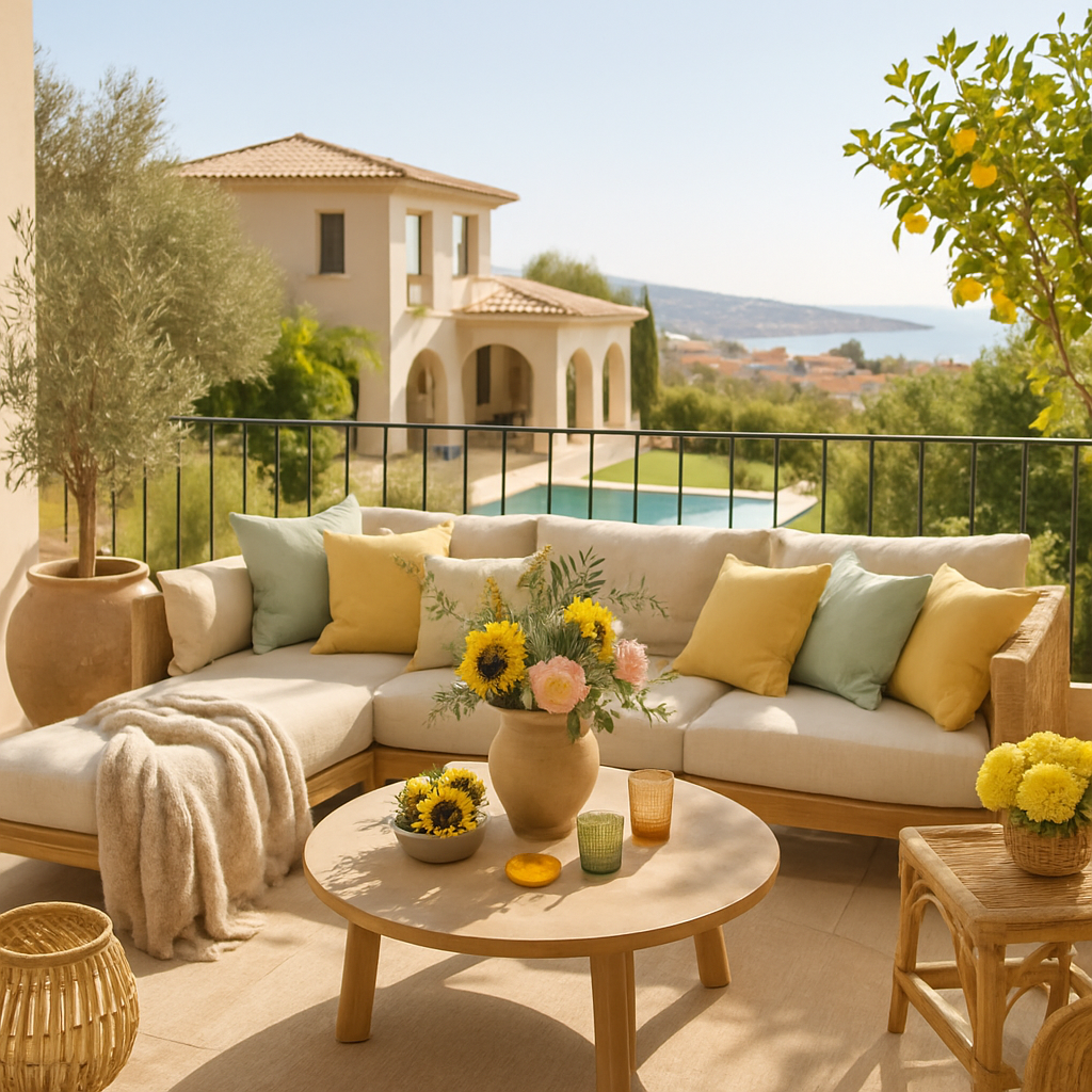 Gemütlicher Balkon mit Sitzgelegenheit, bunten Kissen und Blumen, Blick auf die Landschaft