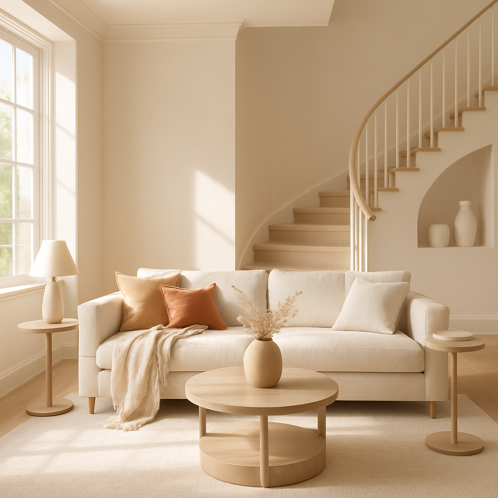 Ein modernes Wohnzimmer mit einem hellen Sofa, Beistelltischen und einem runden Couchtisch.