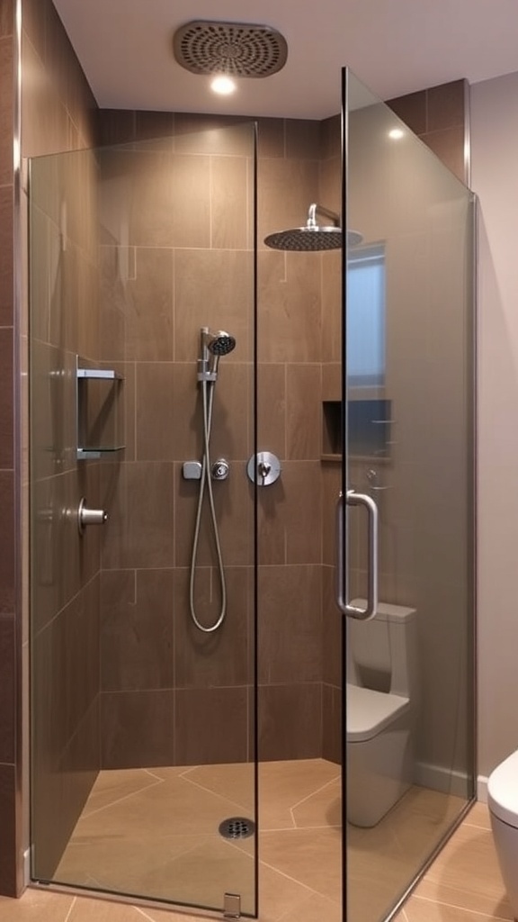 Moderne Walk-In-Dusche mit zwei Duschköpfen und elegantem Marmorlook