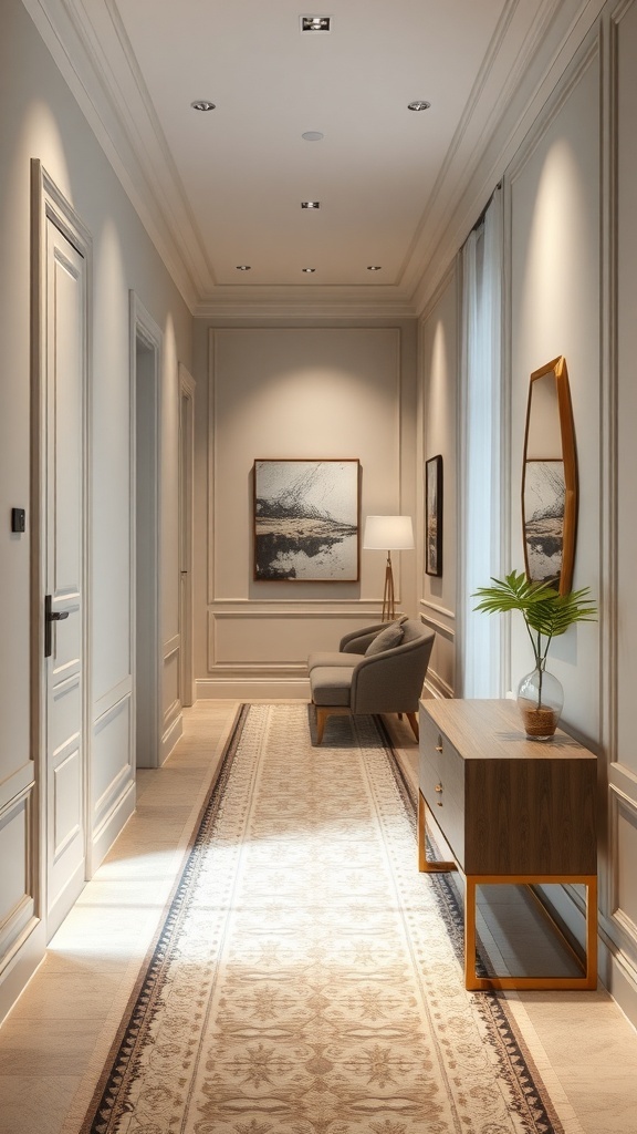 Ein eleganter, schmaler Flur mit hellen Wänden, einem Sideboard, einem Sessel und Pflanzen.