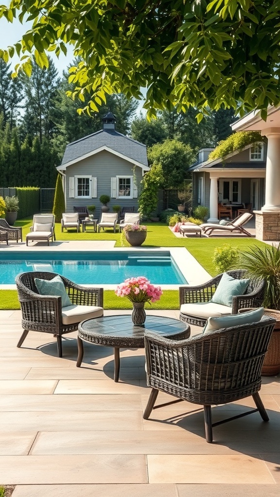 Gemütliche Gartenmöbel mit einem Pool im Hintergrund