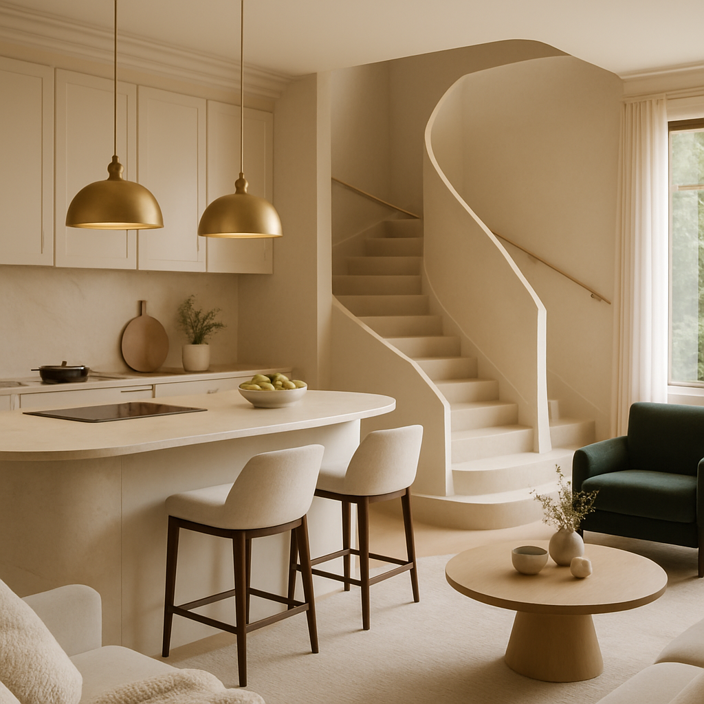Moderne Kücheninsel mit Barhockern und eleganten Lampen in einem hellen Raum