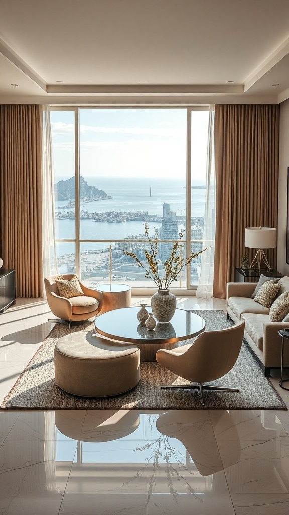 Ein stilvolles Wohnzimmer mit Blick auf das Meer, ausgestattet mit modernen Möbeln und Dekoration.