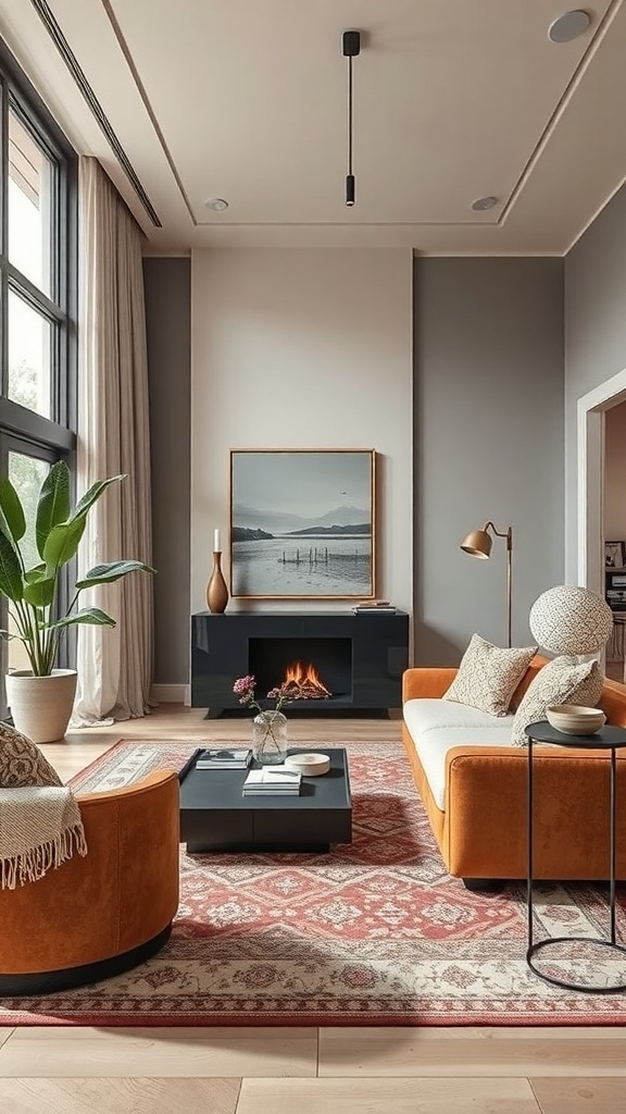 Ein stilvoller Wohnraum mit orangefarbenem Sofa, runden Sessel, Teppich und Kamin.