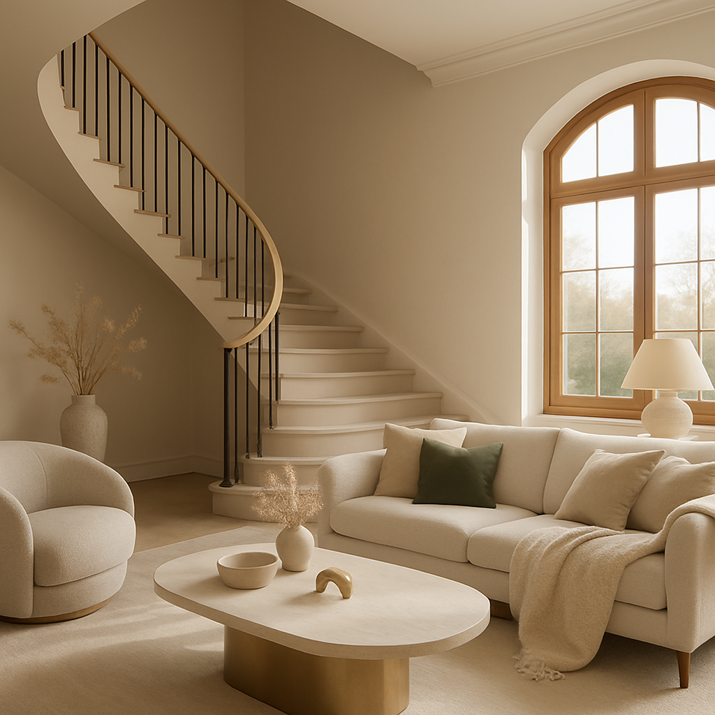Ein stilvolles Wohnzimmer mit neutralen Farben, einem Sofa, Sessel und einer Treppe im Hintergrund.