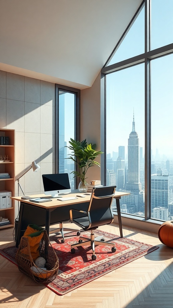 Modernes Home-Office mit Blick auf die Skyline, Schreibtisch und Bürostuhl