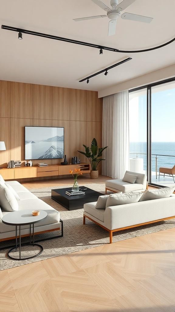 Heller minimalistischer Wohnraum mit funktionalen Möbeln und Blick auf das Meer