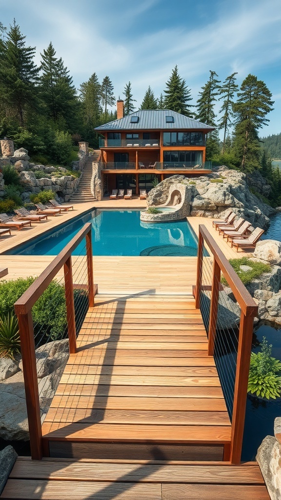 Holzbrücke führt zu einem Naturpool in einer naturnahen Umgebung