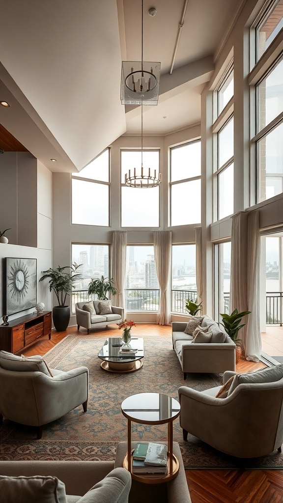 Ein modernes Art Deco Wohnzimmer mit großen Fenstern, bequemen Sofas und einem Couchtisch.