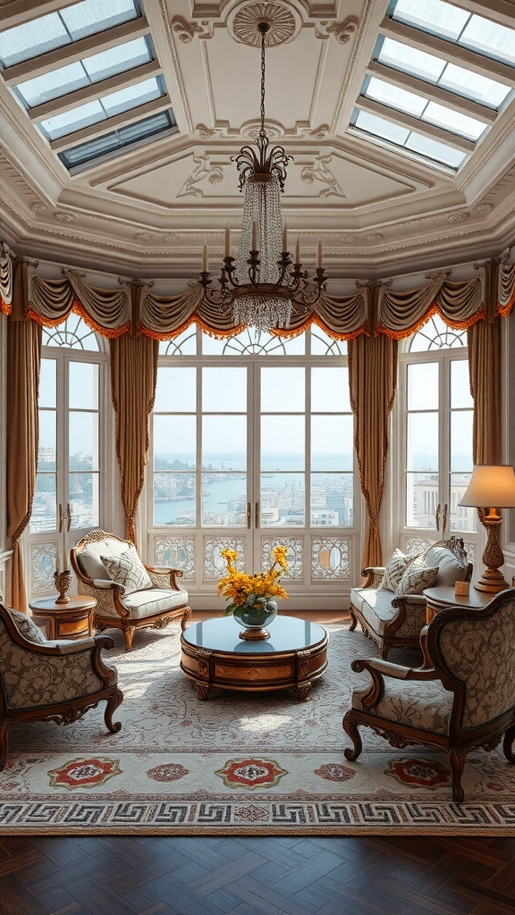 Ein luxuriöses Rococo-Wohnzimmer mit eleganten Möbeln und großen Fenstern