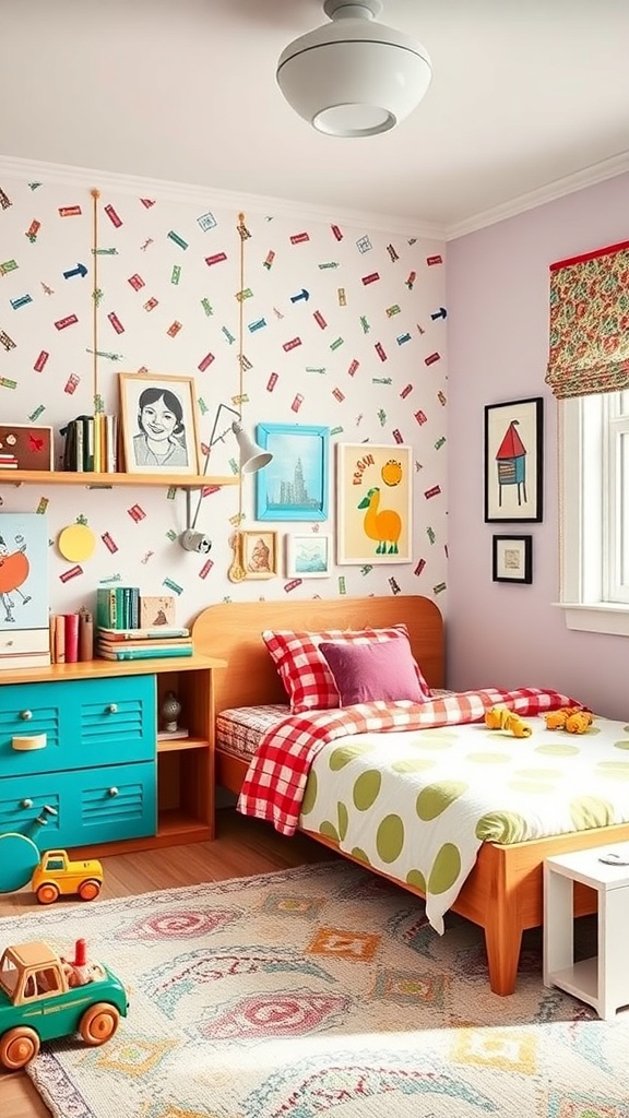 A colorful kids bedroom featuring retro patterns, a cozy bed, and playful decor.