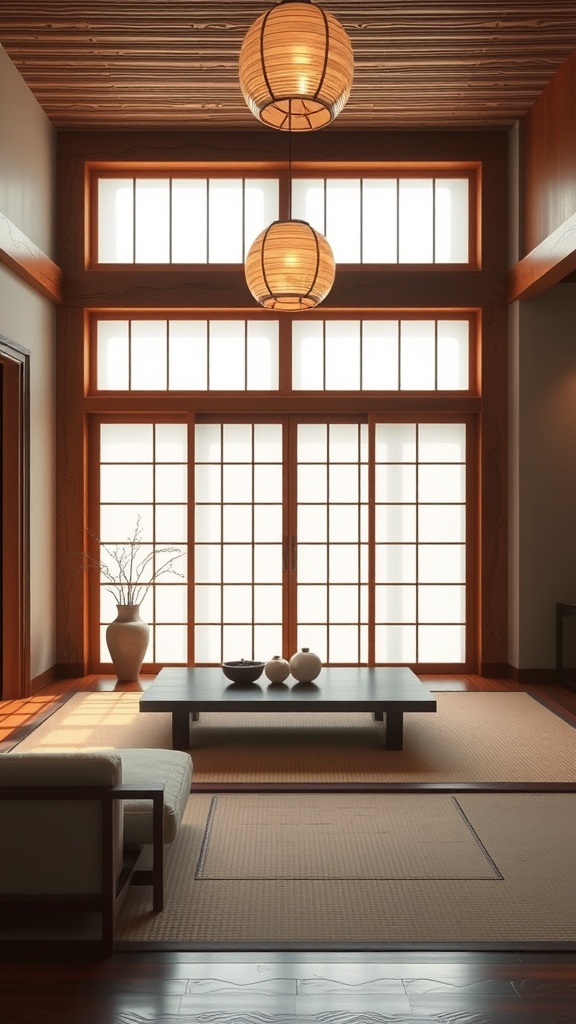 A minimalist interior featuring Japanese and Scandinavian design elements, with natural materials and soft colors.