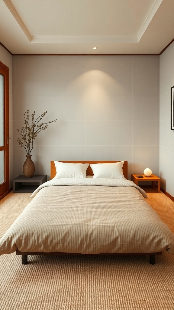 A minimalist bedroom featuring a futon, natural decor, and soft lighting.