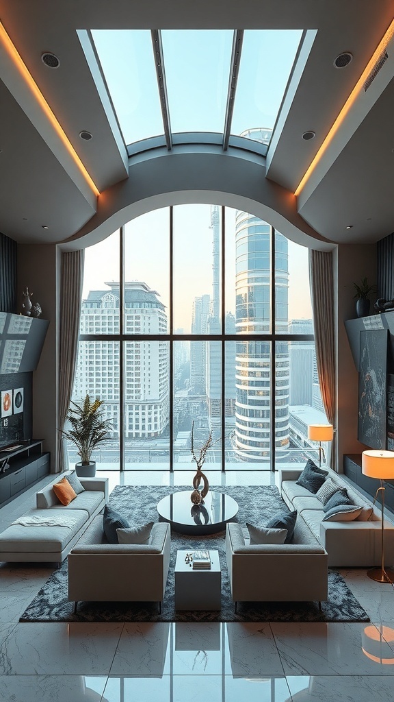 Futuristischer Wohnraum mit großen Fenstern und modernen Möbeln