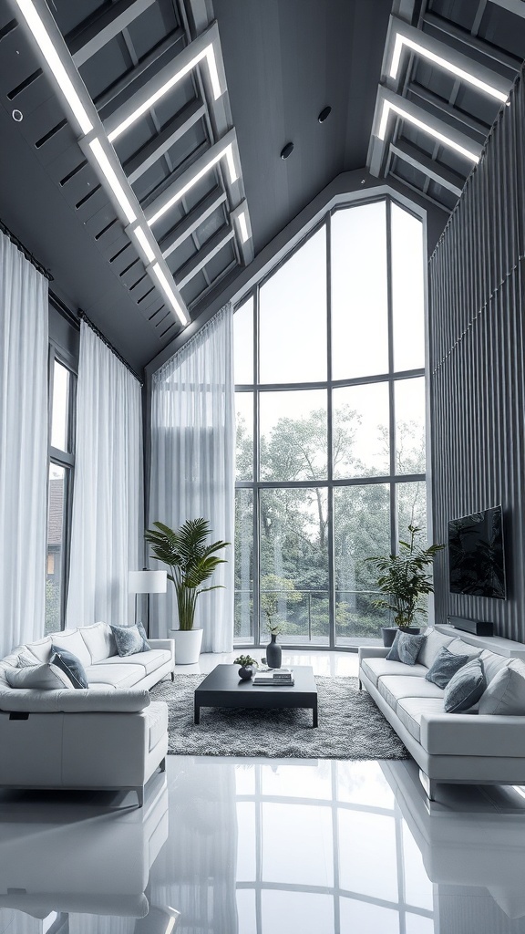 Moderne Wohnräume mit futuristischer Beleuchtung und eleganten Möbeln