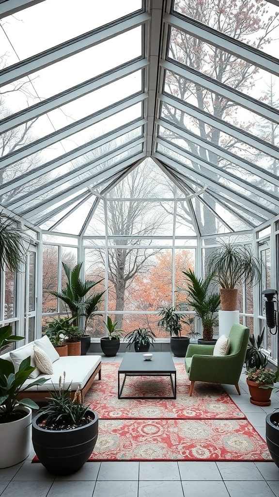 Moderner Wintergarten mit Glasdach und gemütlichen Möbeln