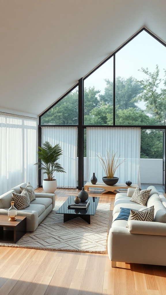 Modernes Wohnzimmer mit großen Fenstern, minimalistischen Möbeln und Pflanzen