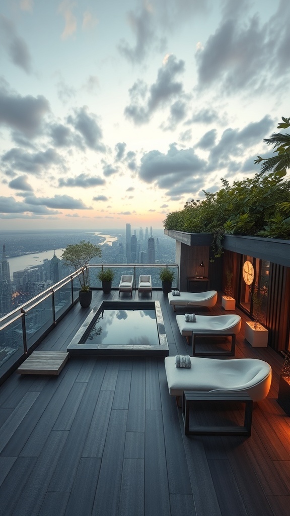 Futuristische Dachterrasse mit Pool und Liegen, Blick auf die Skyline