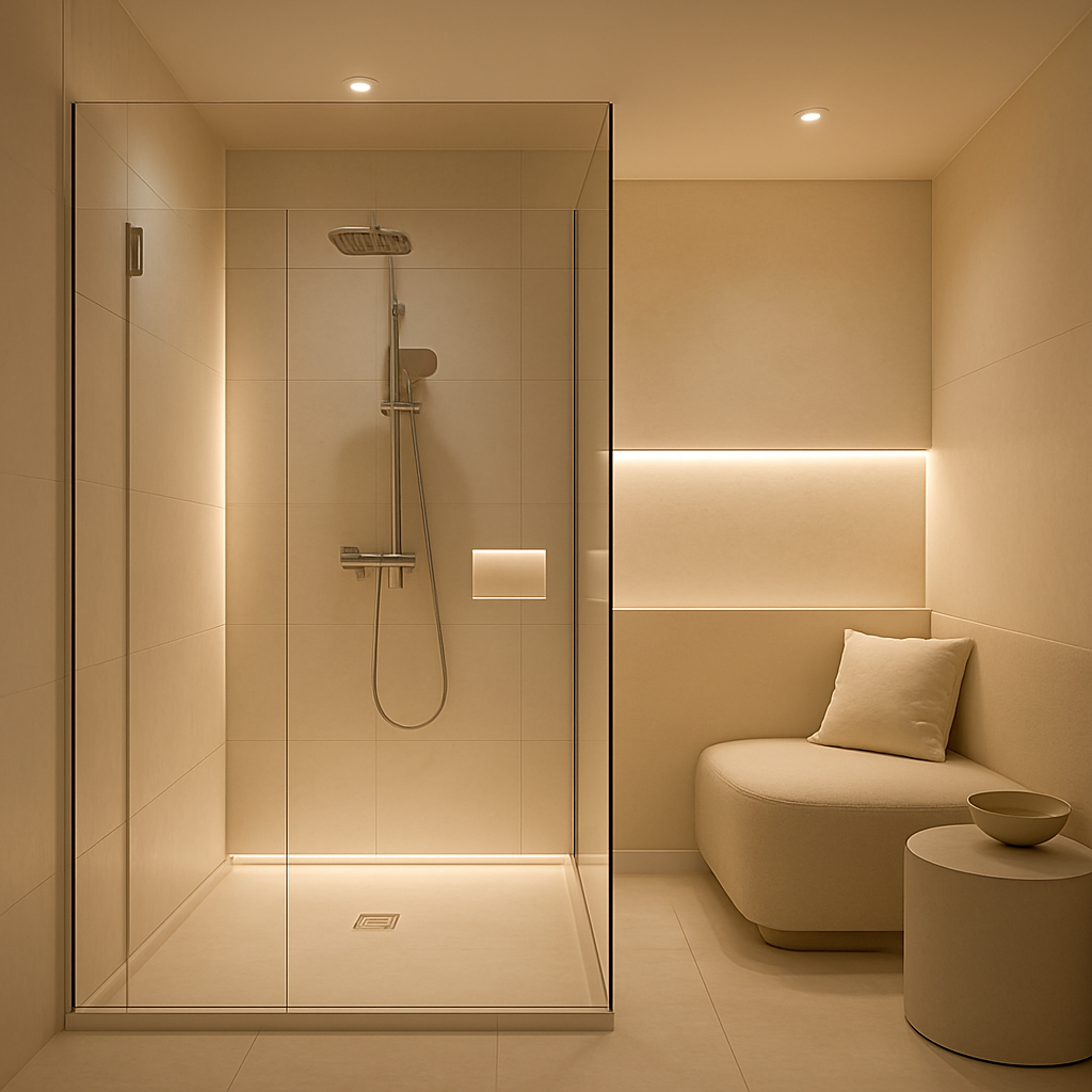 Futuristische Dusche mit LED-Beleuchtung und minimalistischer Einrichtung