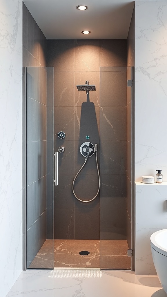 Moderne Walk-In-Dusche mit Smart-Technologie und minimalistischen Designelementen