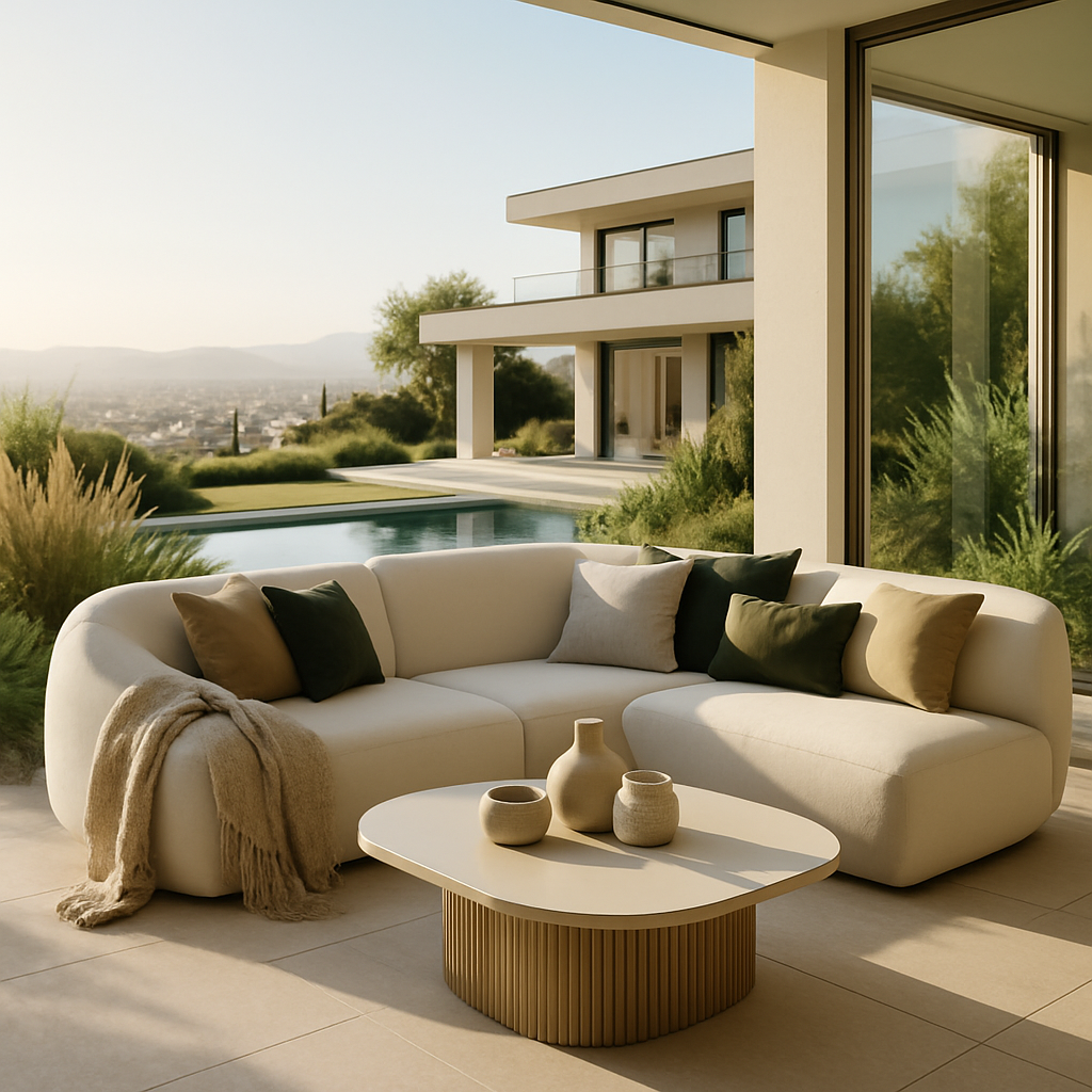 Moderne Outdoor-Lounge mit einem runden Tisch und gemütlichen Kissen, umgeben von einer schönen Landschaft.