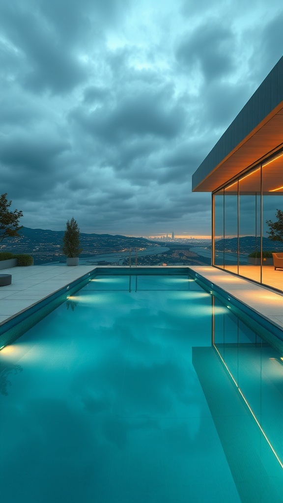 Futuristischer Pool mit Glaswänden und Blick auf die Landschaft