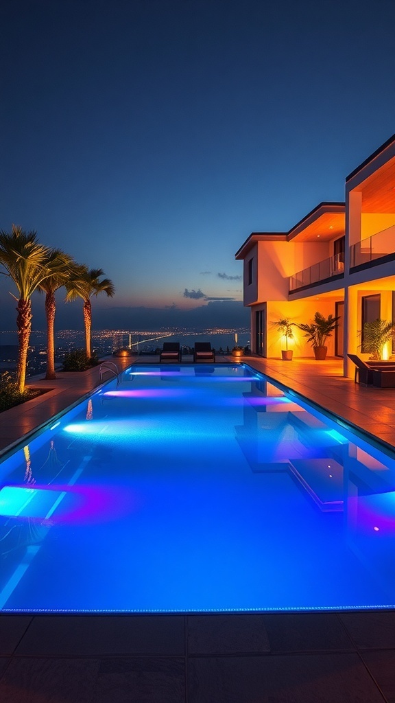 Futuristischer Pool mit LED-Beleuchtung bei Nacht, umgeben von Palmen und modernem Haus.