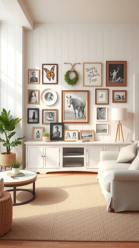 A cozy living room with a gallery wall display featuring various framed pictures and artwork.