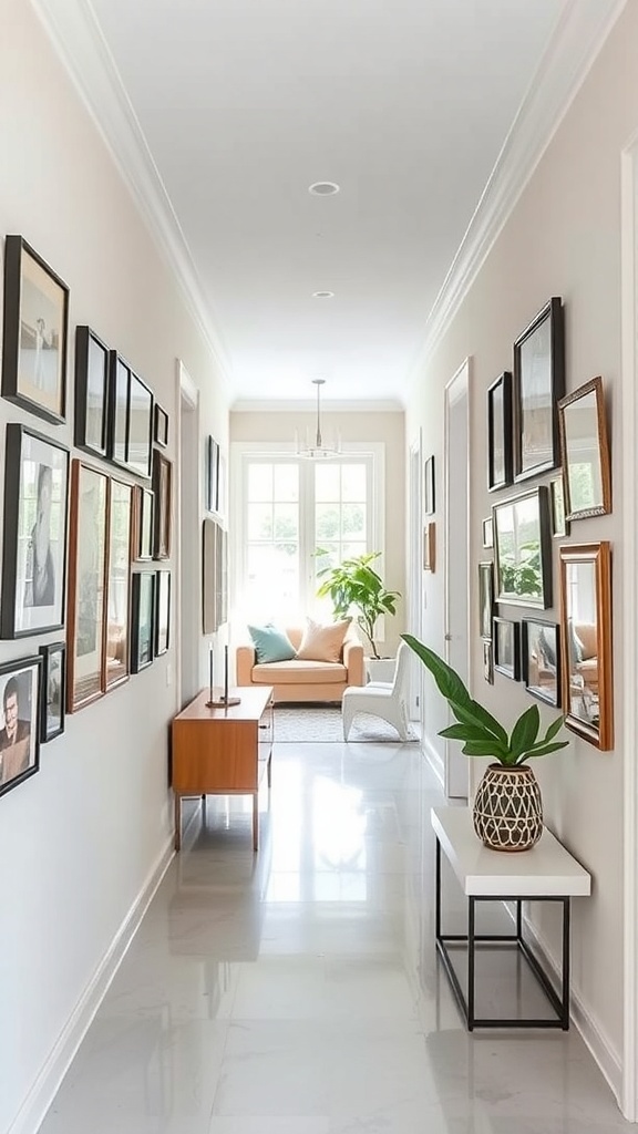 A hallway featuring a gallery wall with framed photos, a cozy seating area, and plants.