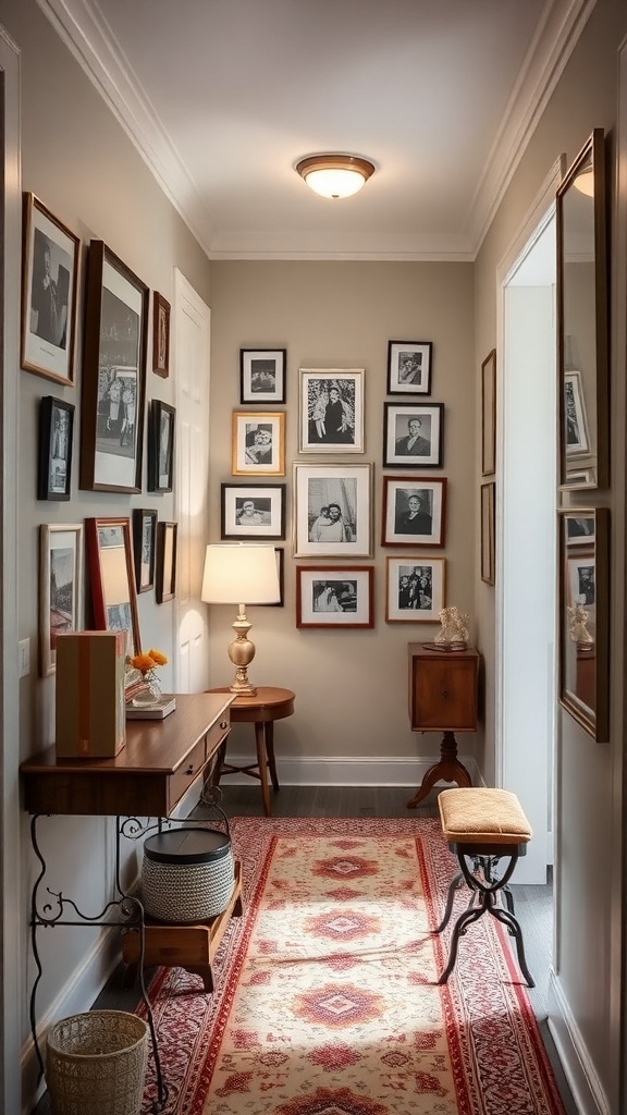 A hallway featuring a gallery wall of family photos, a lamp, and a patterned rug.
