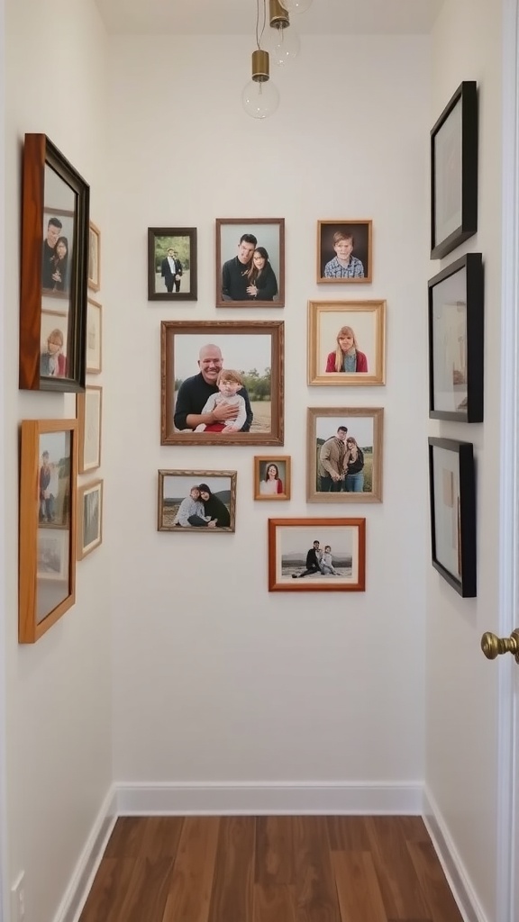 Gallery wall of family photos in a hallway.
