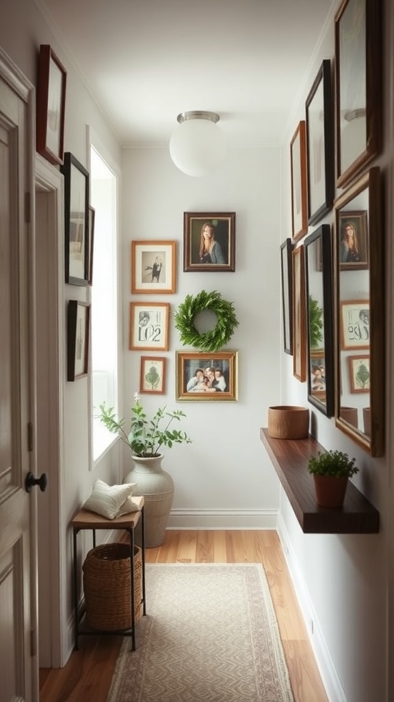 A hallway with a gallery wall of family photos, featuring various framed pictures and a green wreath.