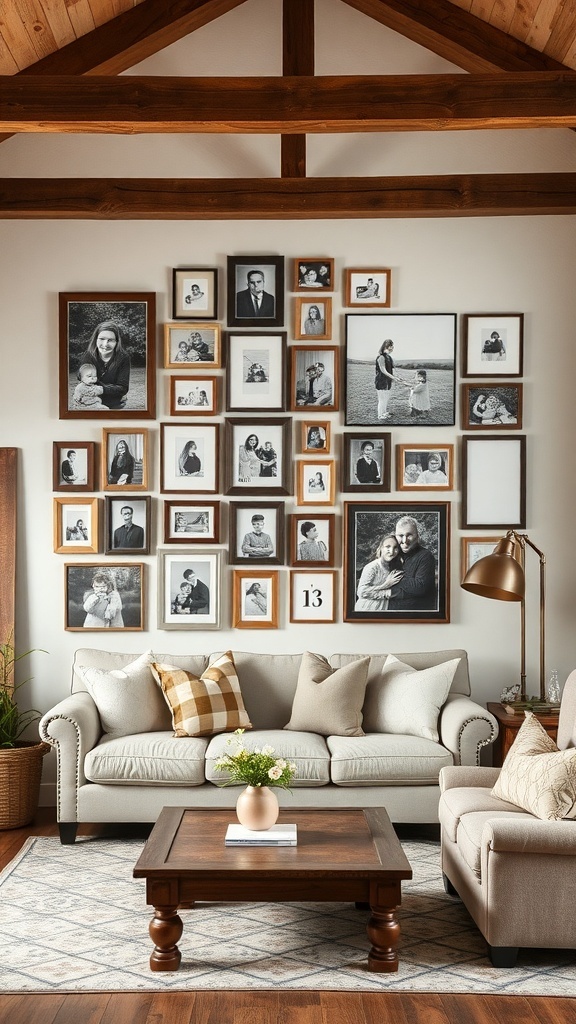 Gallery wall featuring family photos in various frames above a cozy sofa in a rustic farmhouse living room.