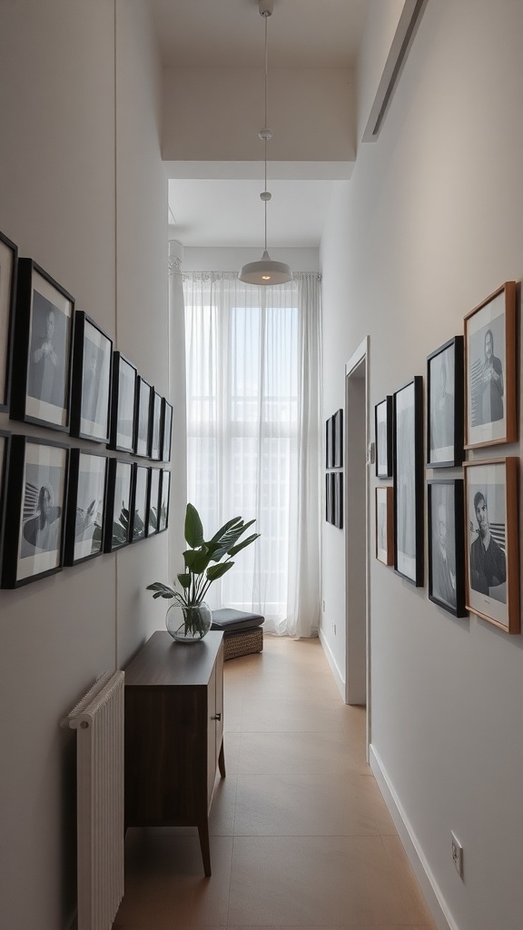 A narrow hallway featuring a gallery wall of framed black and white photographs, with a console table and a plant.