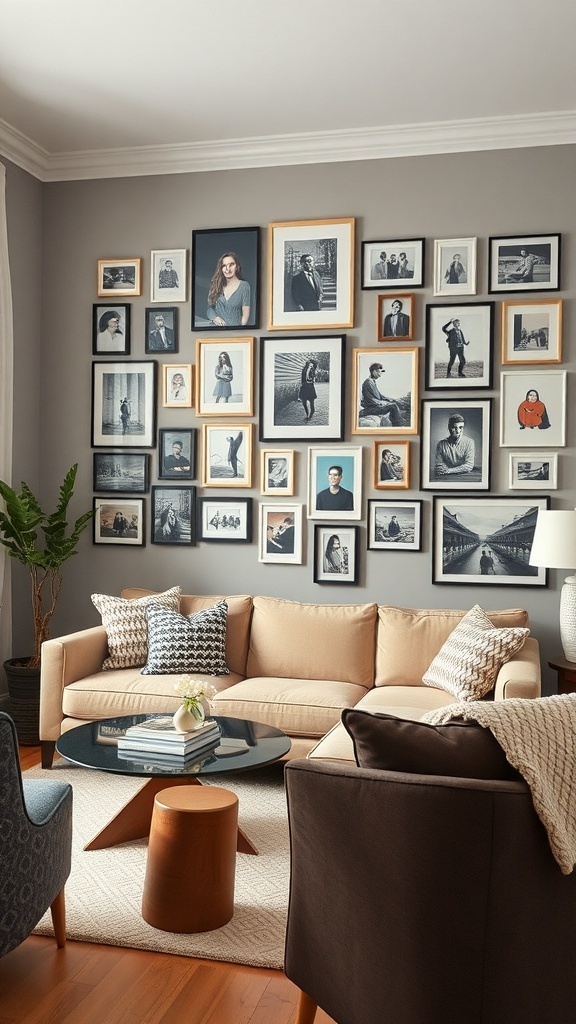 A cozy living room with a gallery wall of framed photos, a beige couch, and a coffee table.