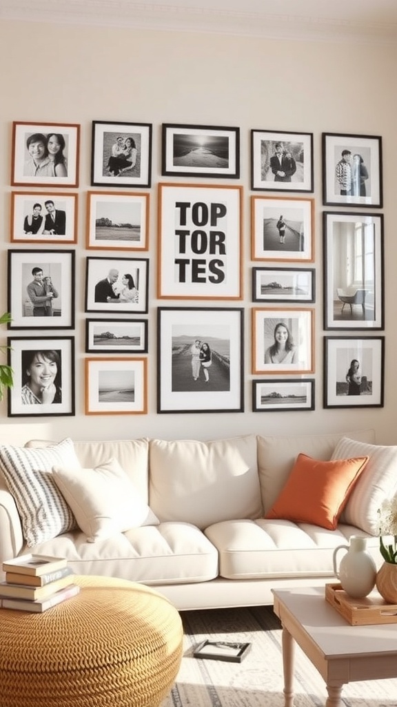 A gallery wall featuring personal photos in black and white frames, with a central text piece, above a cozy couch.