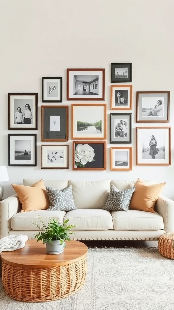 Cozy living room with a gallery wall featuring various framed photos and art.
