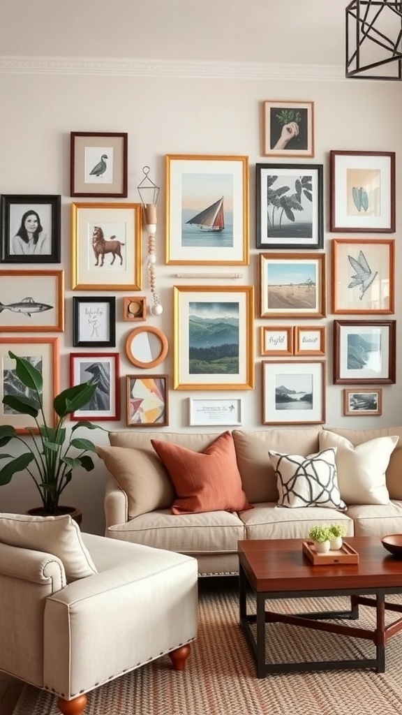 A cozy living room with a gallery wall featuring various thrifted frames and art pieces.